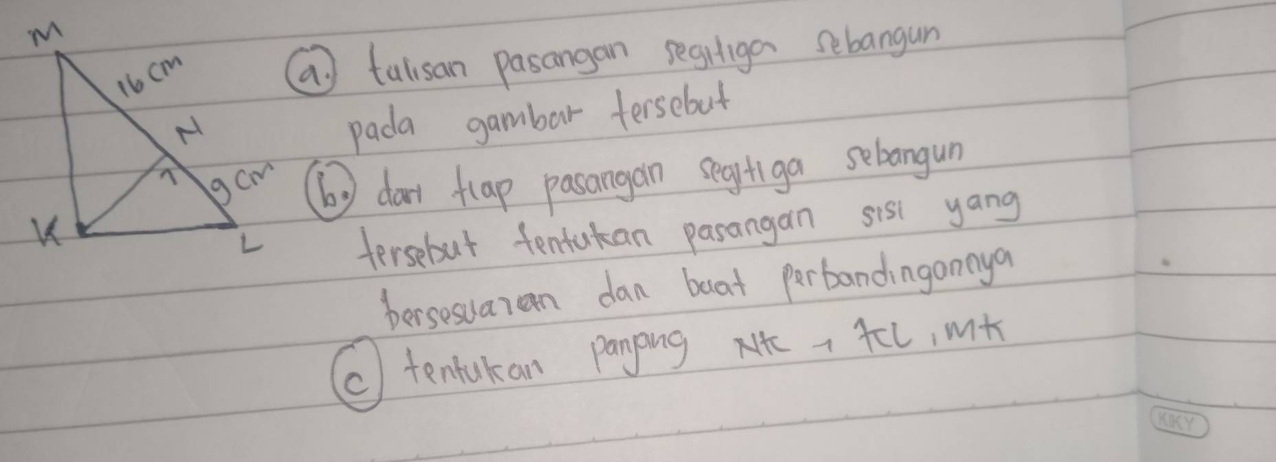 a talisan pasangan segiiga sebangun 
pada gambar tersebut 
(y dor flap pasangan segtiga sebangun 
fersebut tentukan pasangan sis yang 
bersesuarn dan beat perbandingonnya 
c tentukan paning xt 、 Tl, m+