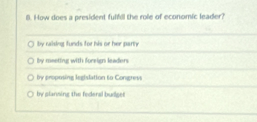 How does a president fulfill the role of economic leader?
by raising funds for his or her party
by meeting with foreign leaders
by proposing legislation to Congress
by planning the federal budget