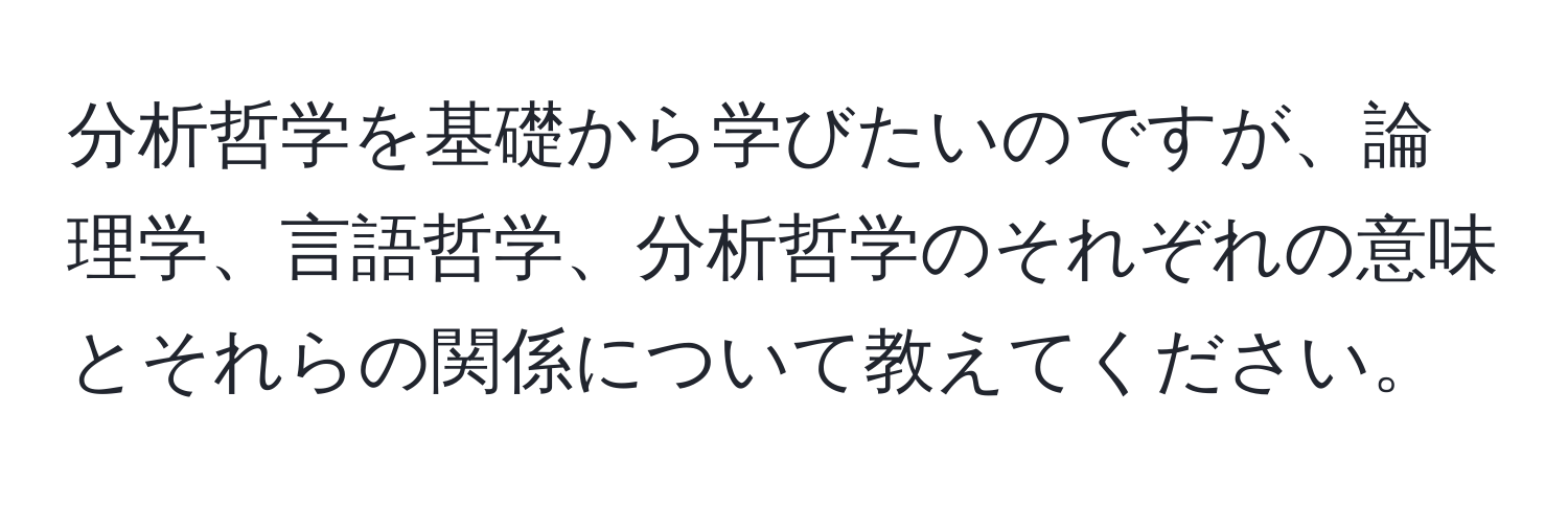 分析哲学を基礎から学びたいのですが、論理学、言語哲学、分析哲学のそれぞれの意味とそれらの関係について教えてください。