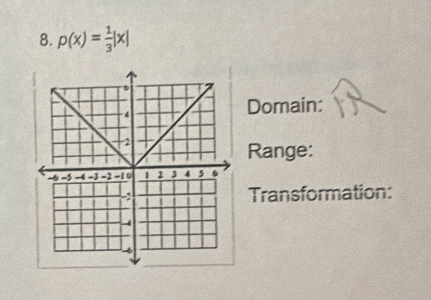 p(x)= 1/3 |x|
Domain: 
Range: 
Transformation: