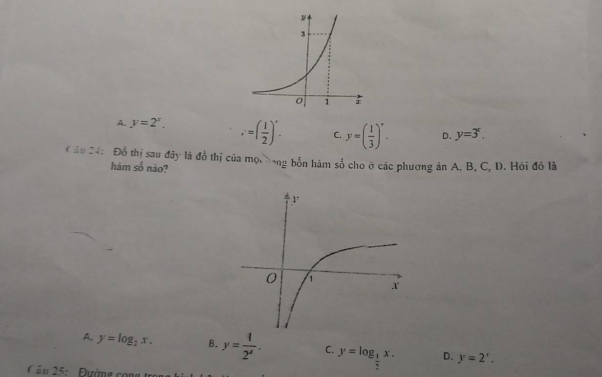 A. y=2^x.
;=( 1/2 )^r. C. y=( 1/3 )^r.
D. y=3^x. 
Cầu 24: Đồ thị sau đây là đồ thị của mọc hong bốn hàm số cho ở các phương án A, B, C, I. Hồi đó là
hàm số nào?
A. y=log _2x.
B. y= 1/2^x .
C. y=log _ 1/2 x.
D. y=2^x. 
Cầu 25: Đường cong tr