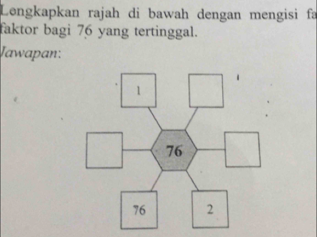 Lengkapkan rajah di bawah dengan mengisi fa 
faktor bagi 76 yang tertinggal. 
Jawapan: