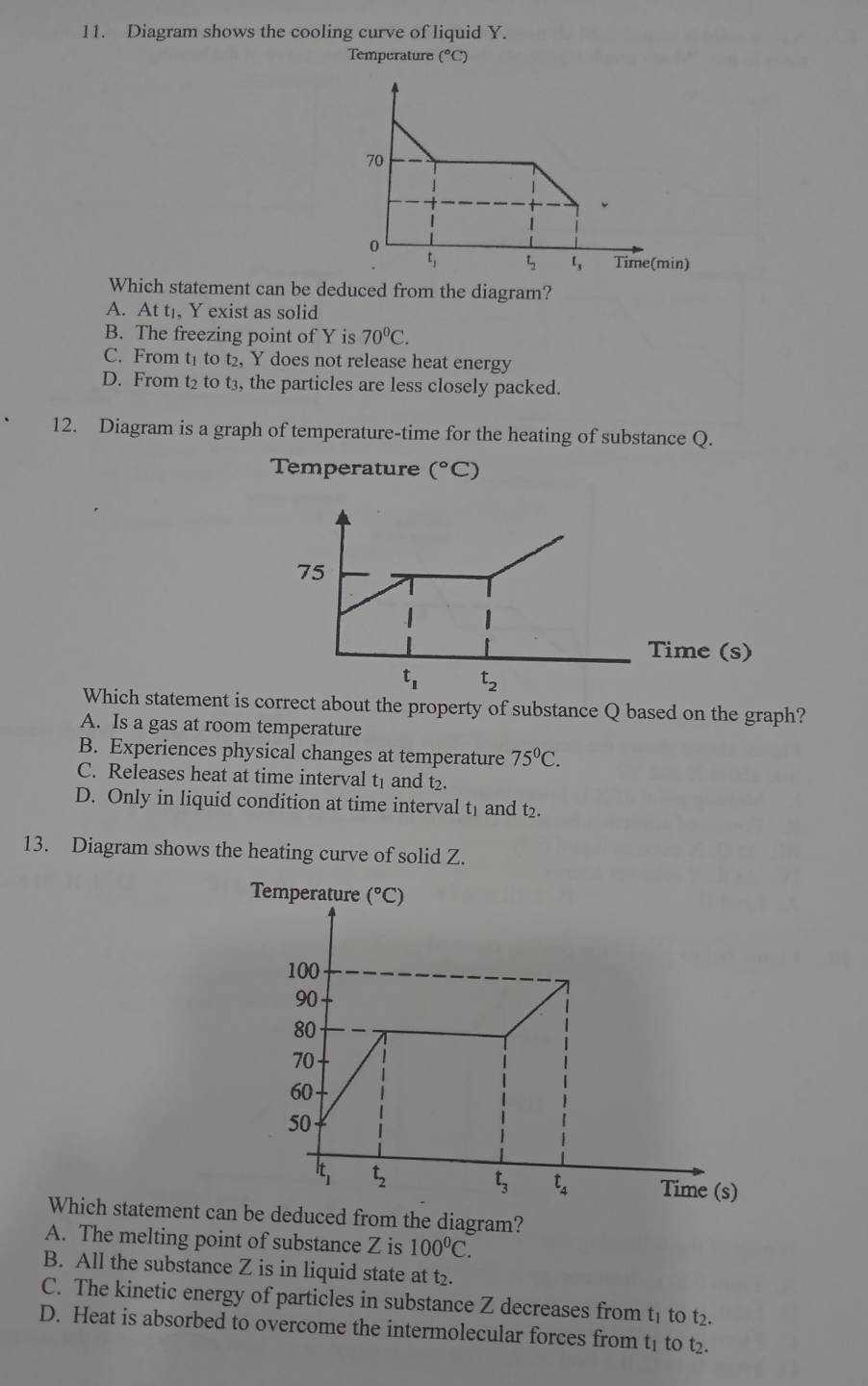 Diagram shows the cooling curve of liquid Y.
Temperature (^circ C)
70
0
t_3
t_1 Time(min)
Which statement can be deduced from the diagram?
A. At t Y exist as solid
B. The freezing point of Y is 70^0C.
C. From t1 to t₂, Y does not release heat energy
D. From t₂ to t3, the particles are less closely packed.
12. Diagram is a graph of temperature-time for the heating of substance Q.
Temperature (^circ C)
75
Time (s)
t_1 t_2
Which statement is correct about the property of substance Q based on the graph?
A. Is a gas at room temperature
B. Experiences physical changes at temperature 75°C.
C. Releases heat at time interval t1 and t2.
D. Only in liquid condition at time interval tị and t2.
13. Diagram shows the heating curve of solid Z.
Temperature (^circ C)
100
90
80
70
60
50
It t.
t_3 t_4 Time (s)
Which statement can be deduced from the diagram?
A. The melting point of substance Z is 100°C.
B. All the substance Z is in liquid state at t2.
C. The kinetic energy of particles in substance Z decreases from tị to t₂.
D. Heat is absorbed to overcome the intermolecular forces from t1 to t₂.