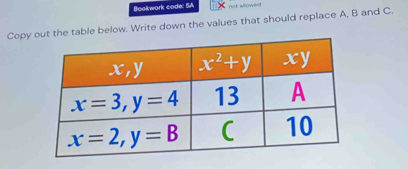 Bookwork code: 5A not allowed
Copy he table below. Write down the values that should replace A, B and C.