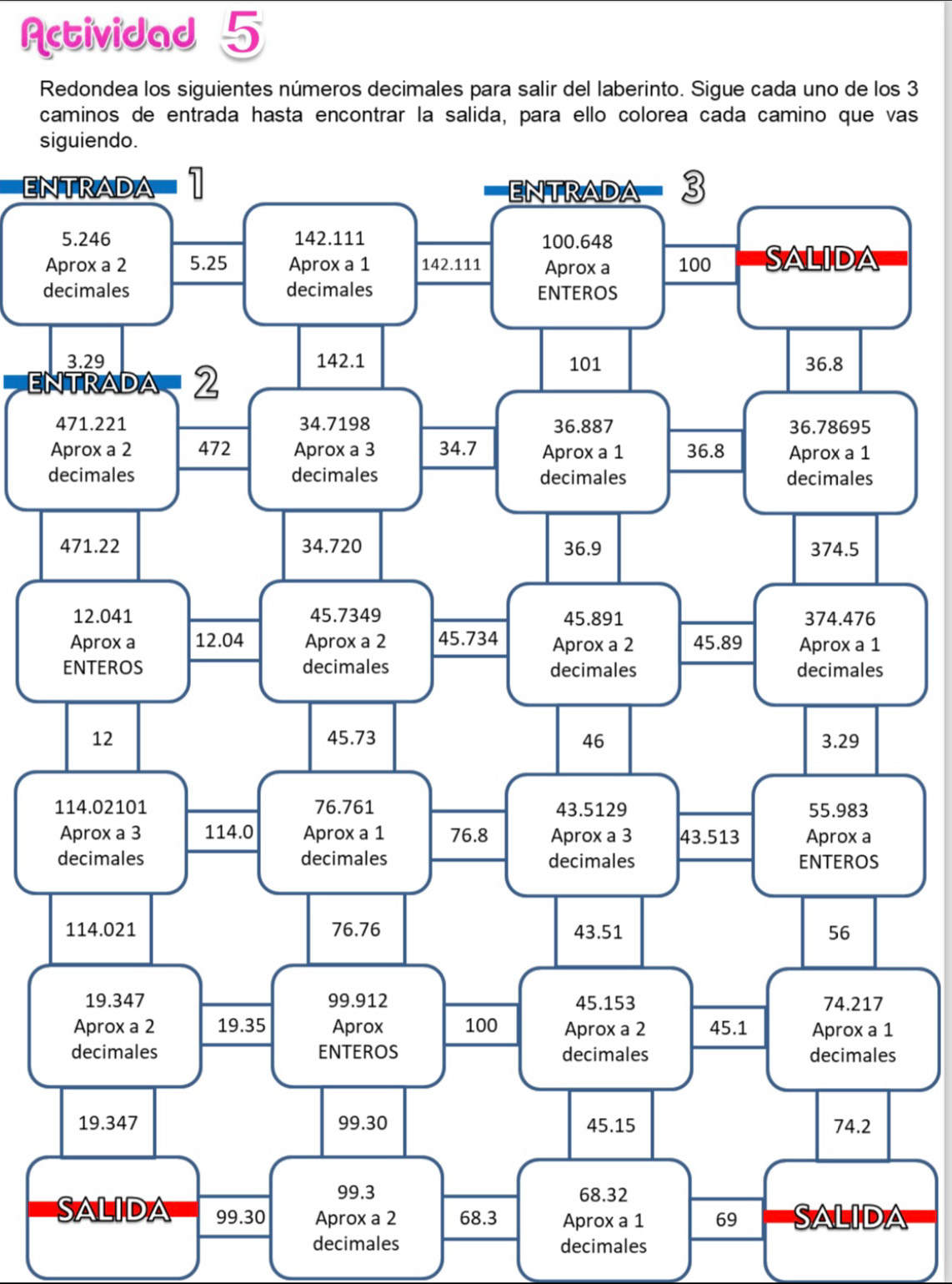 Actividad 5 
Redondea los siguientes números decimales para salir del laberinto. Sigue cada uno de los 3
caminos de entrada hasta encontrar la salida, para ello colorea cada camino que vas 
si 
EN 
A 
de 
EN
4
A 
d
1
d
1
s 
A 
decimales decimales