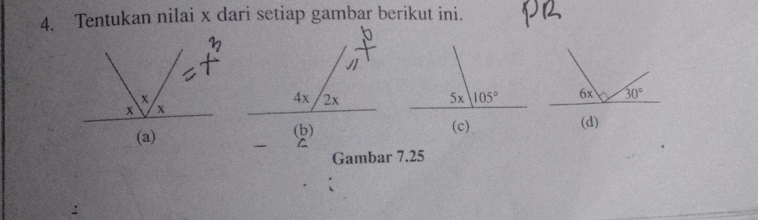 Tentukan nilai x dari setiap gambar berikut ini.
(a)
(b)
(c) (d)
Gambar 7.25