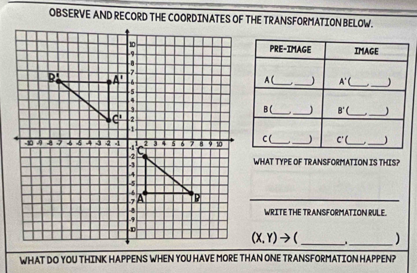 OBSERVE AND RECORD THE COORDINATES OF THE TRANSFORMATION BELOW.
WHAT TYPE OF TRANSFORMATION IS THIS?
_
WRITE THE TRANSFORMATION RULE.
_ (X,Y)to (
_)
WHAT DO YOU THINK HAPPENS WHEN YOU HAVE MORE THAN ONE TRANSFORMATION HAPPEN?