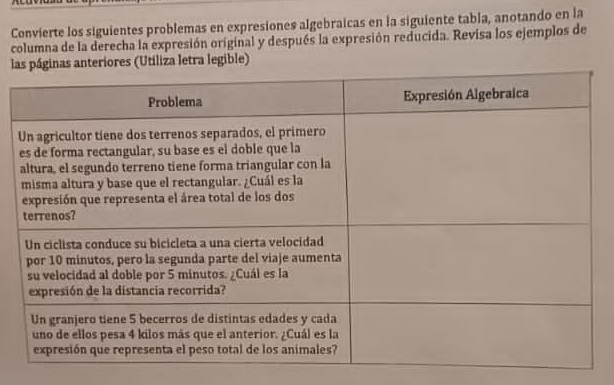 Convierte los siguientes problemas en expresiones algebraicas en la siguiente tabla, anotando en la 
columna de la derecha la expresión original y después la expresión reducida. Revisa los ejemplos de 
leriores (Utiliza letra legible)