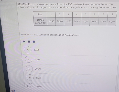 (ENEM) Em uma seletiva para a final dos 100 metros livres de natação, numa
olimpíada, os atletas, em suas respectivas raias, obtiveram os seguintes tempos:
A mediana dos tempos apresentados no quadro é:
A  20,85
B 20,95
C ì 20.70
D ì 20,80
E 20,90