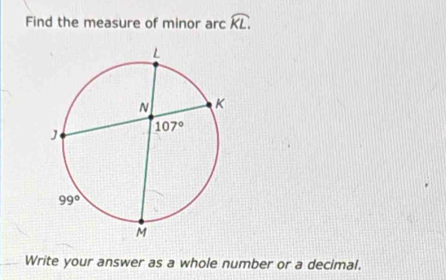 Find the measure of minor arc widehat KL.
Write your answer as a whole number or a decimal.