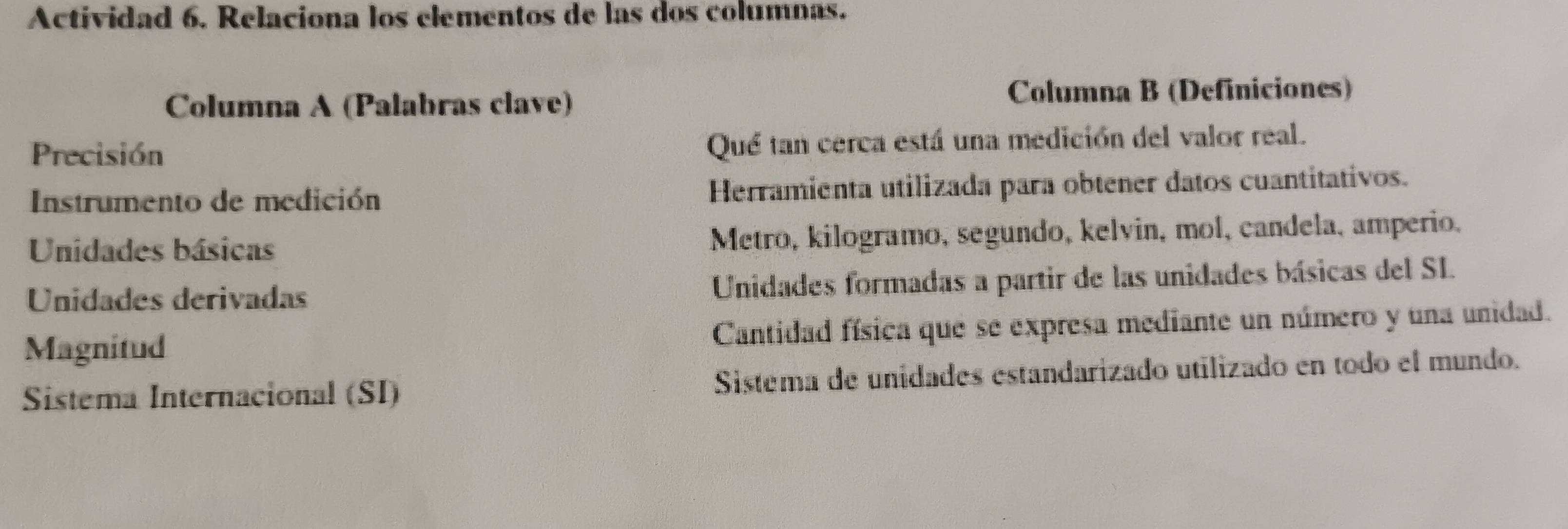 Actividad 6. Relaciona los elementos de las dos columnas. 
Columna A (Palabras clave) Columna B (Definiciones) 
Precisión Qué tan cerca está una medición del valor real. 
Instrumento de medición Herramienta utilizada para obtener datos cuantitativos. 
Unidades básicas Metro, kilogramo, segundo, kelvin, mol, candela, amperio. 
Unidades derivadas Unidades formadas a partir de las unidades básicas del SI. 
Magnitud Cantidad física que se expresa mediante un número y una unidad. 
Sistema Internacional (SI) Sistema de unidades estandarizado utilizado en todo el mundo.