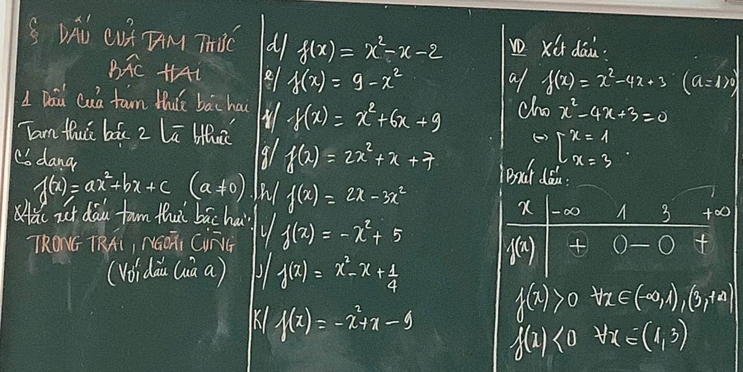 DAW CUT TAM TBC d/ f(x)=x^2-x-2
V xit dáu. 
BAc HAi
f(x)=9-x^2
al f(x)=x^2-4x+3 (a=1>0)
1 Dai Cua tan thé bāc ha 
Tam thuǔ bác 2 la bu
f(x)=x^2+6x+9
cho x^2-4x+3=0
Cdang 
9 f(x)=2x^2+x+7
beginarrayl x=1 x=3endarray.
lenut dáin.
f(x)=ax^2+bx+c(a!= 0) f(x)=2x-3x^2
x -00 
ǎc iet dōu farm thut bāc hai 3 +∈fty
TRONG TRAi, NGOTi CiNVG V f(x)=-x^2+5
f(x)
0-0 f 
(Voidau (naa) J f(x)=x^2-x+ 1/4 
K f(x)=-x^2+x-9
f(x)>0 forall x∈ (-∈fty ,1),(3,+a)
f(x)<0</tex> forall x∈ (1,3)