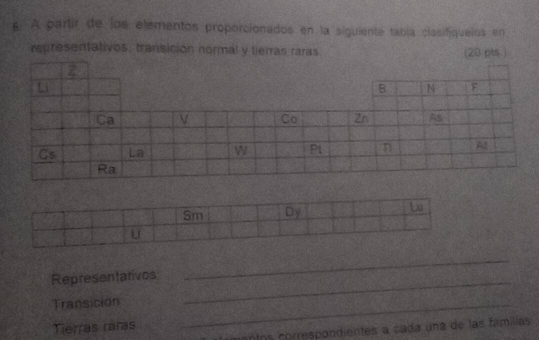 A partir de jos elementos proporcionados en la siguiente tabía clasifiquelos en 
representativos, transición normal y tierras raras. (20 pts.) 
Representativos_ 
_ 
Transicion_ 
Tierras raras 
iantos correspondientes a cada una de las famílias