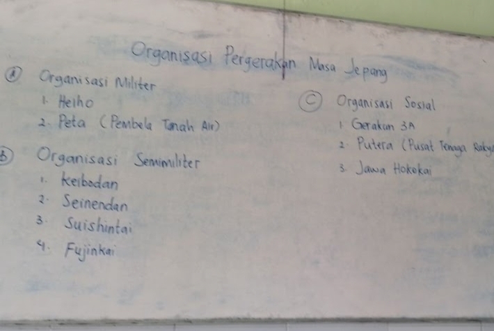 Organisasi Pergetakin Masa Sepang 
⑥Organisasi Militer 
1. Helho ( Organisasi Sosial 
2. Peta (Pembela Tonah Alr) 1. Gerakan 3A 
2. Putera (Pusat Tenga Rnky 
⑤Organisasi Semimiliter 3. Jawa Hokokai 
1. keibedan 
2. Seinendan 
3. Suishintai 
9. Fujinkai