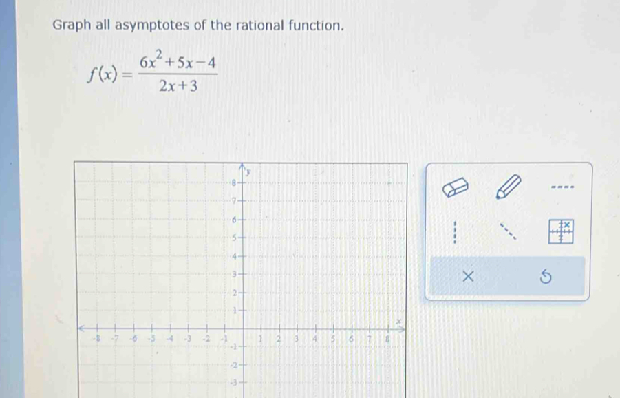 Graph all asymptotes of the rational function.
f(x)= (6x^2+5x-4)/2x+3 
×