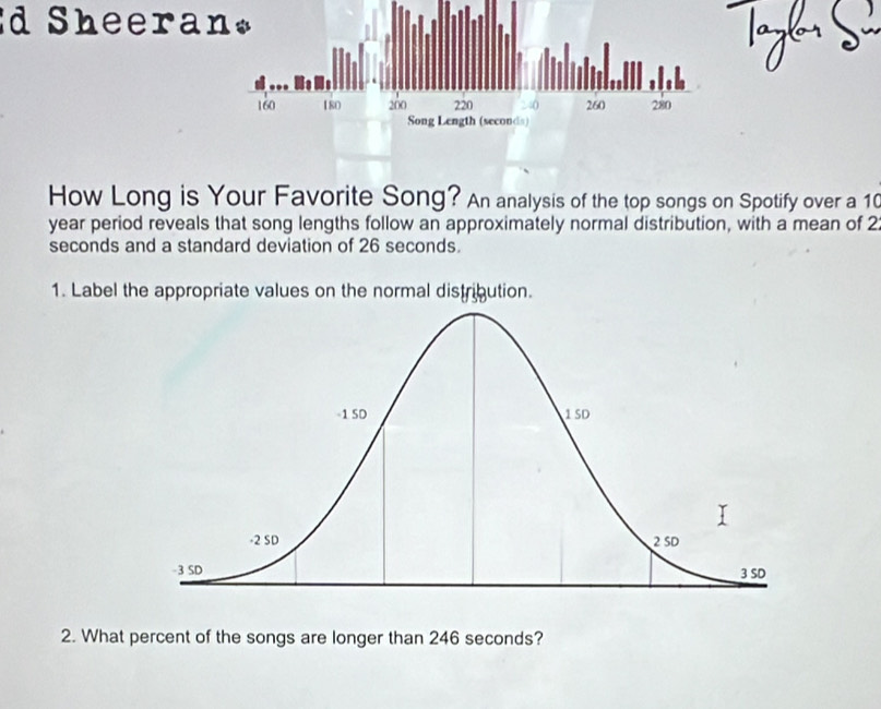 Sheeran* 
How Long is Your Favorite Song? An analysis of the top songs on Spotify over a 10
year period reveals that song lengths follow an approximately normal distribution, with a mean of 2
seconds and a standard deviation of 26 seconds. 
1. Label the appropriate values on the normal distribution. 
2. What percent of the songs are longer than 246 seconds?