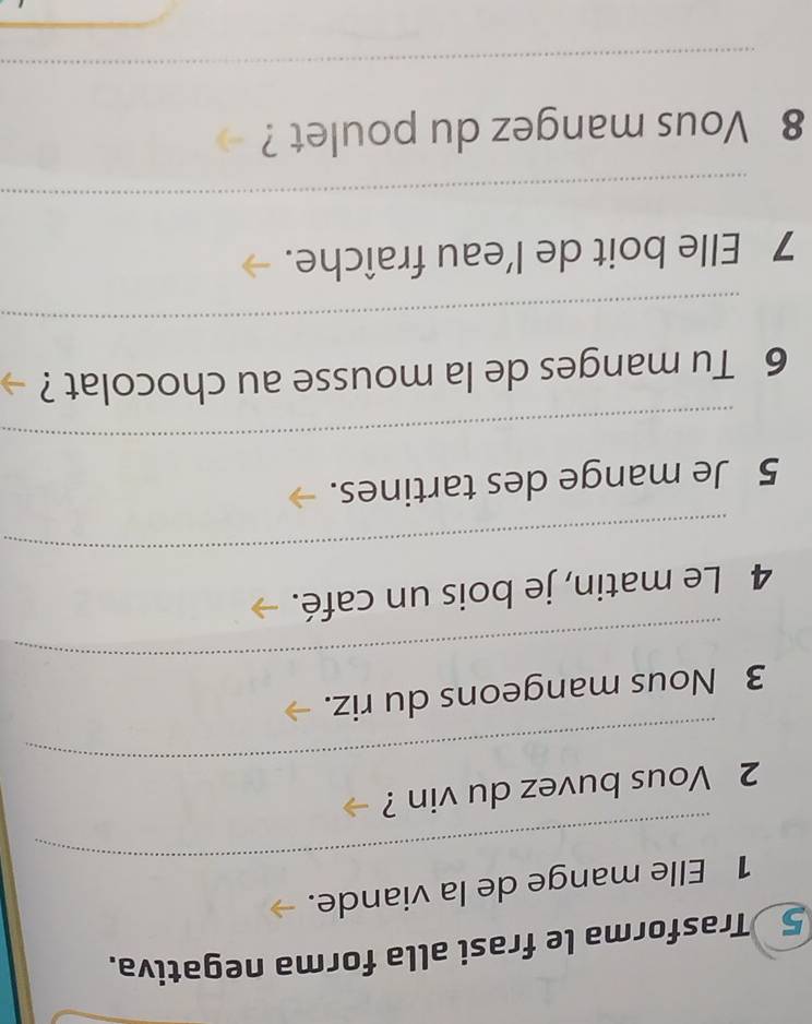 Trasforma le frasi alla forma negativa. 
_ 
1 Elle mange de la viande. 
_ 
2 Vous buvez du vin ? 
_ 
3 Nous mangeons du riz. 
_ 
4 Le matin, je bois un café. 
5 Je mange des tartines. 
_ 
6 Tu manges de la mousse au chocolat ? 
_ 
7 Elle boit de l’eau fraîche. 
_ 
8 Vous mangez du poulet ? 
_