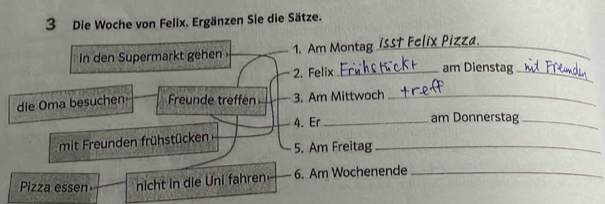 Die Woche von Felix. Ergänzen Sie die Sätze. 
in den Supermarkt gehen 1. Am Montag_ 
2. Felix _am Dienstag_ 
die Oma besuchen Freunde treffen 3. Am Mittwoch_ 
4. Er _am Donnerstag_ 
mit Freunden frühstücken 
5. Am Freitag_ 
Pizza essen nicht in die Uni fahren 6. Am Wochenende_