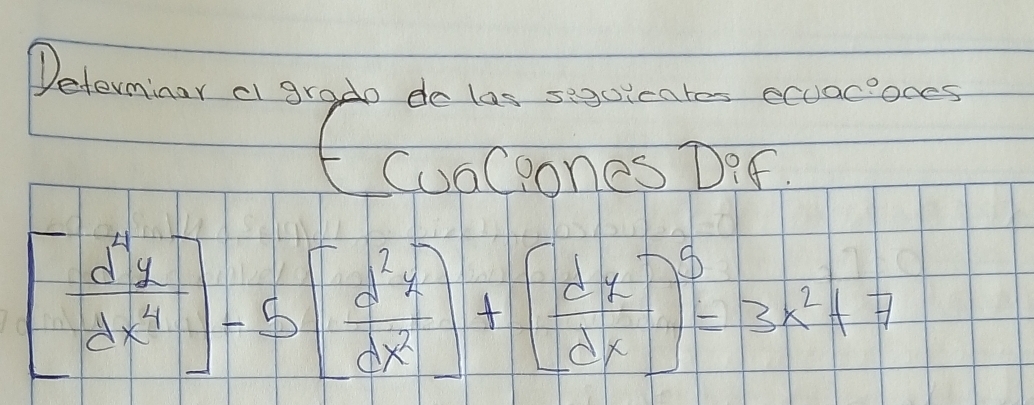 Deterninar a grado do las segoicates ecuacioces 
tcuoCeones DI
beginbmatrix  d^4y/dx^4 endbmatrix -5beginbmatrix  d^2x/dx endbmatrix +beginbmatrix  dy/dx end(bmatrix)^5=3x^2+7