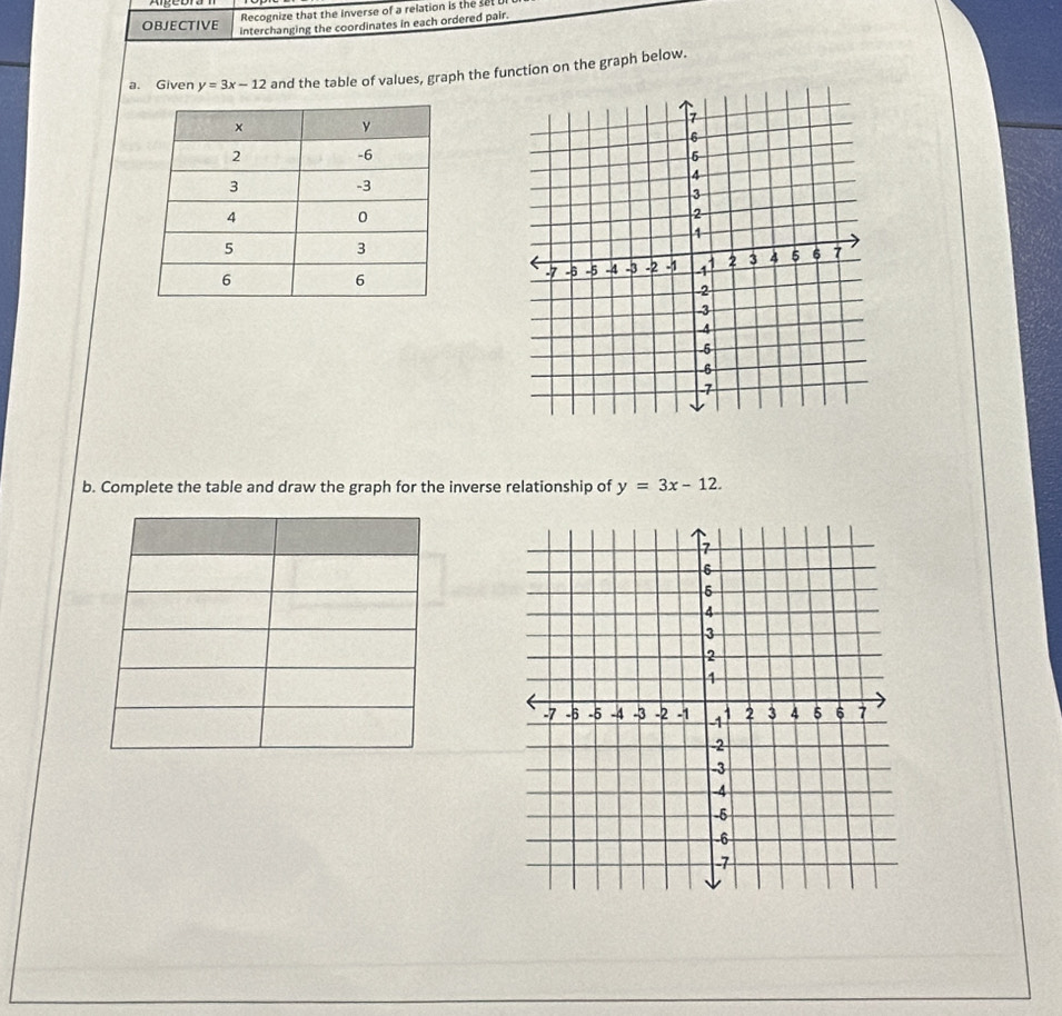 OBJECTIVE Recognize that the inverse of a relation is the set
interchanging the coordinates in each ordered pair.
a. Given y=3x-12 and the table of values, graph the function on the graph below.
b. Complete the table and draw the graph for the inverse relationship of y=3x-12.