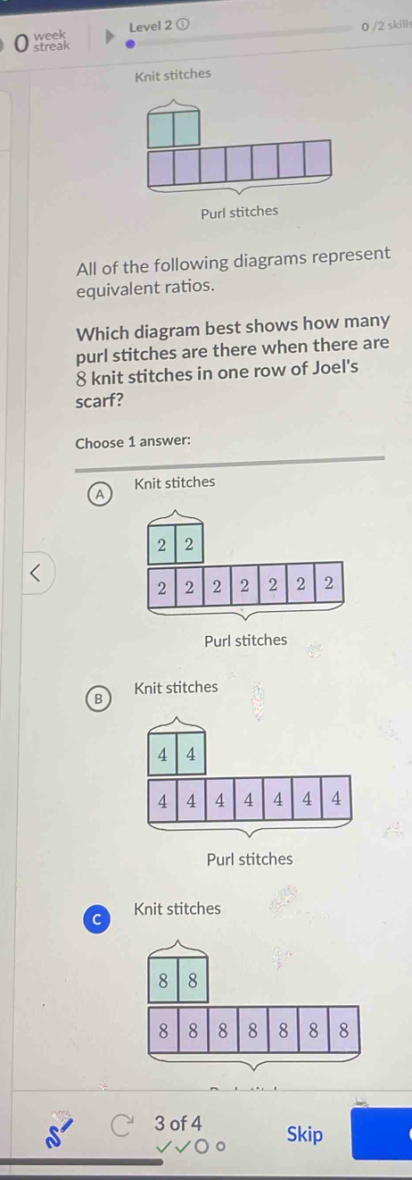 week Level 2 ①
0 /2 skills
streak
Knit stitches
Purl stitches
All of the following diagrams represent
equivalent ratios.
Which diagram best shows how many
purl stitches are there when there are
8 knit stitches in one row of Joel's
scarf?
Choose 1 answer:
Knit stitches
Purl stitches
B Knit stitches
C Knit stitches
3 of 4 Skip