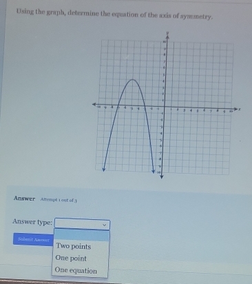 Using the graph, determine the equation of the axis of symmetry.
Answer Attempt 1 ost of 3
Answer type:
Subenit Asuwer Two points
One point
One equation