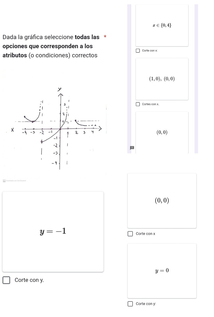 x∈  0,4
Dada la gráfica seleccione todas las *
opciones que corresponden a los
Corte con x :
atributos (o condiciones) correctos
(1,0),(0,0)
Cortes con x.
(0,0)
(0,0)
y=-1
Corte con x
y=0
Corte con y.
Corte con y :