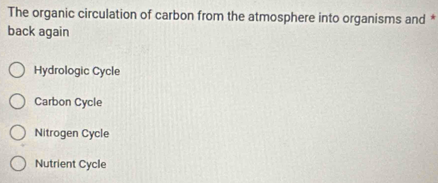 The organic circulation of carbon from the atmosphere into organisms and *
back again
Hydrologic Cycle
Carbon Cycle
Nitrogen Cycle
Nutrient Cycle