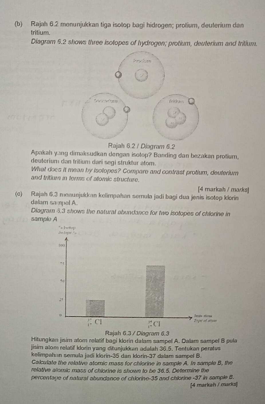 Rajah 6.2 menunjukkan tiga isotop bagi hidrogen; protium, deuterium dan
tritium.
Diagram 6.2 shows three isotopes of hydrogen; protium, deuterium and tritium.
Rajah 6.2 / Diagram 6.2
Apakah yang dimaksudkan dengan isotop? Banding dan bezakan protium,
deuterium dan tritium dari segi struktur atom.
What does it mean by isotopes? Compare and contrast protium, deuterium
and tritium in terms of atomic structure.
[4 markah / marks]
(c) Rajah 6.3 menunjukkan kelimpahan semula jadi bagi dua jenis isotop klorin
dalam sampel A.
Diagram 6,3 shows the natural abundance for two isotopes of chlorine in
sample A
Rajah 6.3 / Diagram 6.3
Hitungkan jisim atom relatif bagi klorin dalam sampel A. Dalam sampel B pula
jisim atom relatif klorin yang ditunjukkan adalah 36.5. Tentukan peratus
kelimpahan semula jadi klorin-35 dan klorin-37 dalam sampel B.
Calculate the relative atomic mass for chlorine in sample A. In sample B, the
relative atomic mass of chlorine is shown to be 36.5. Determine the
percentage of natural abundance of chlorine-35 and chlorine -37 in sample B.
[4 markah / marks]