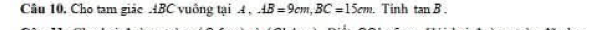 Câu 10, Cho tam giác HBC vuông tại A , AB=9cm, BC=15cm. Tỉnh tan B.