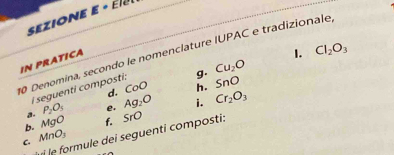 SeZIONE E · E 
IN PRATICA
Cl_2O_3
Cu_2O
10 Denomina, secondo le nomenclature IUPAC e tradizionale 1. 
d. CoO g. SnO
h. 
i seguenti composti: 
a. P_2O_5 e. Ag_2O i. Cr_2O_3
b. MgO f. SrO
o m ule dei seguenti composti: 
C MnO_3