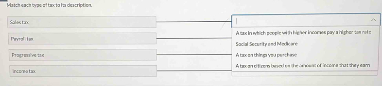 Match each type of tax to its description.
Sales tax
Payroll tax A tax in which people with higher incomes pay a higher tax rate
Social Security and Medicare
Progressive tax A tax on things you purchase
A tax on citizens based on the amount of income that they earn
Income tax