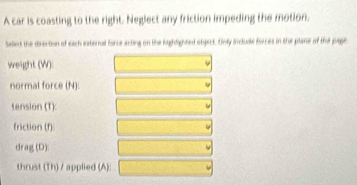 A car is coasting to the right. Neglect any friction impeding the motion. 
select the direction of each issternal force acting on the highlighted object. Only include forces in the plane of the pagle 
weight (W): 
normal force (N): 
tension (T): 
friction (f): 
drag(D): 
thrust (Th) / applied (A):