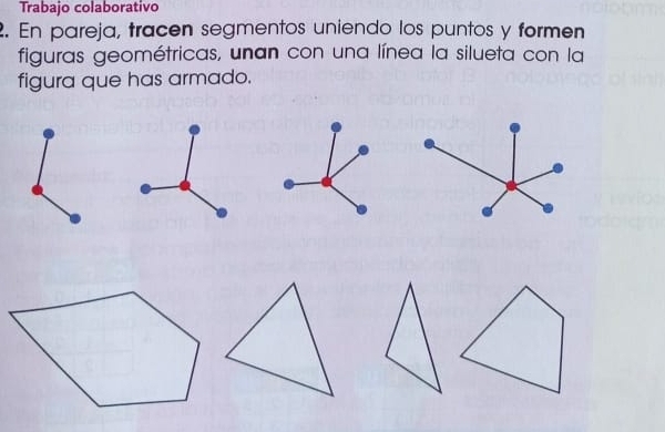 Trabajo colaborativo 
2. En pareja, tracen segmentos uniendo los puntos y formen 
figuras geométricas, unan con una línea la silueta con la 
figura que has armado.