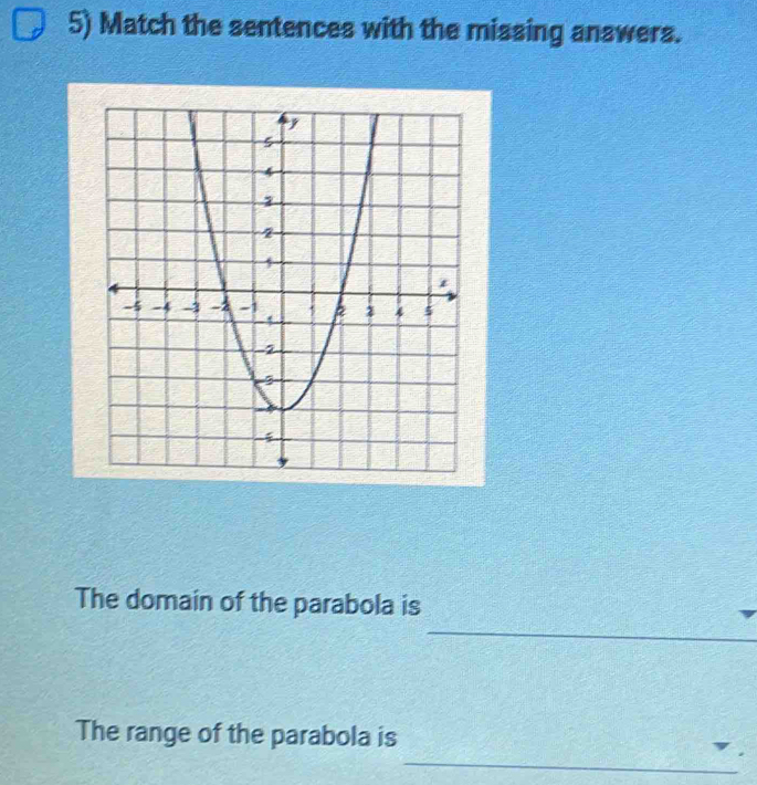 Match the sentences with the missing answers. 
_ 
The domain of the parabola is 
_ 
The range of the parabola is