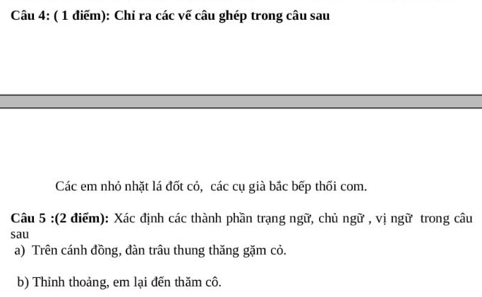 Chỉ ra các vế câu ghép trong câu sau 
Các em nhỏ nhặt lá đốt cỏ, các cụ già bắc bếp thối com. 
Câu 5 :(2 điểm): Xác định các thành phần trạng ngữ, chủ ngữ , vị ngữ trong câu 
sau 
a) Trên cánh đồng, đàn trâu thung thăng gặm cỏ. 
b) Thinh thoảng, em lại đến thăm cô.