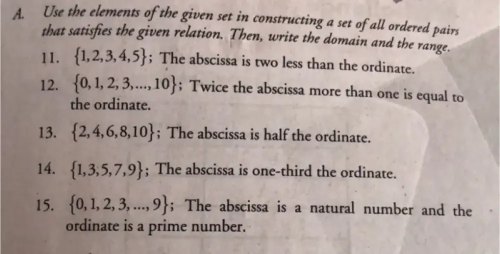 Use the elements of the given set in constructing a set of all ordered pairs 
that satisfies the given relation. Then, write the domain and the range. 
11.  1,2,3,4,5; The abscissa is two less than the ordinate. 
12.  0,1,2,3,...,10; Twice the abscissa more than one is equal to 
the ordinate. 
13.  2,4,6,8,10; The abscissa is half the ordinate. 
14.  1,3,5,7,9; The abscissa is one-third the ordinate. 
15.  0,1,2,3,...,9; The abscissa is a natural number and the 
ordinate is a prime number.