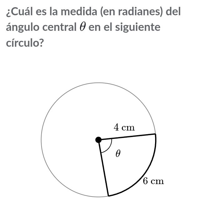 ¿Cuál es la medida (en radianes) del 
ángulo central θ en el siguiente 
círculo?