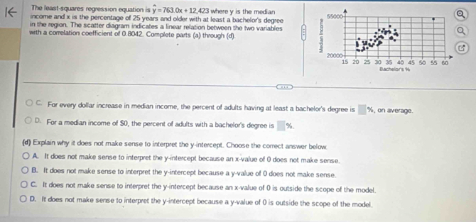 The least-squares regression equation is overline y=763.0x+12,423 where y is the median
income and x is the percentage of 25 years and older with at least a bachelor's degree 
in the region. The scatter diagram indicates a linear relation between the two variables
with a correlation coefficient of 0.8042. Complete parts (a) through (d).
..
C. For every dollar increase in median income, the percent of adults having at least a bachelor's degree is □ % , on average.
D. For a median income of $0, the percent of adults with a bachelor's degree is □° %.
(d) Explain why it does not make sense to interpret the y-intercept. Choose the correct answer below
A. It does not make sense to interpret the y-intercept because an x -value of 0 does not make sense.
B. It does not make sense to interpret the y-intercept because a y -value of 0 does not make sense.
C. It does not make sense to interpret the y-intercept because an x -value of 0 is outside the scope of the model.
D. It does not make sense to interpret the y-intercept because a y -value of 0 is outside the scope of the model.