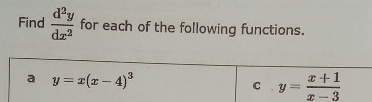 Find  d^2y/dx^2  for each of the following functions.
a y=x(x-4)^3
C y= (x+1)/x-3 
