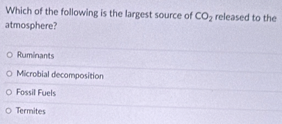 Which of the following is the largest source of CO_2 released to the
atmosphere?
Ruminants
Microbial decomposition
Fossil Fuels
Termites