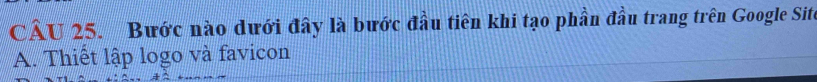 Bước nào dưới đây là bước đầu tiên khi tạo phần đầu trang trên Google Site 
A. Thiết lập logo và favicon