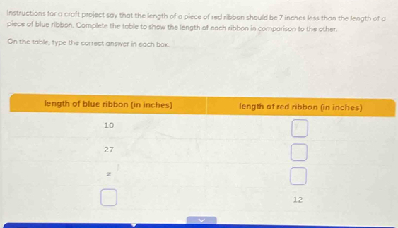 Instructions for a craft project say that the length of a piece of red ribbon should be 7 inches less than the length of a 
piece of blue ribbon. Complete the table to show the length of each ribbon in comparison to the other. 
On the table, type the correct answer in each box.