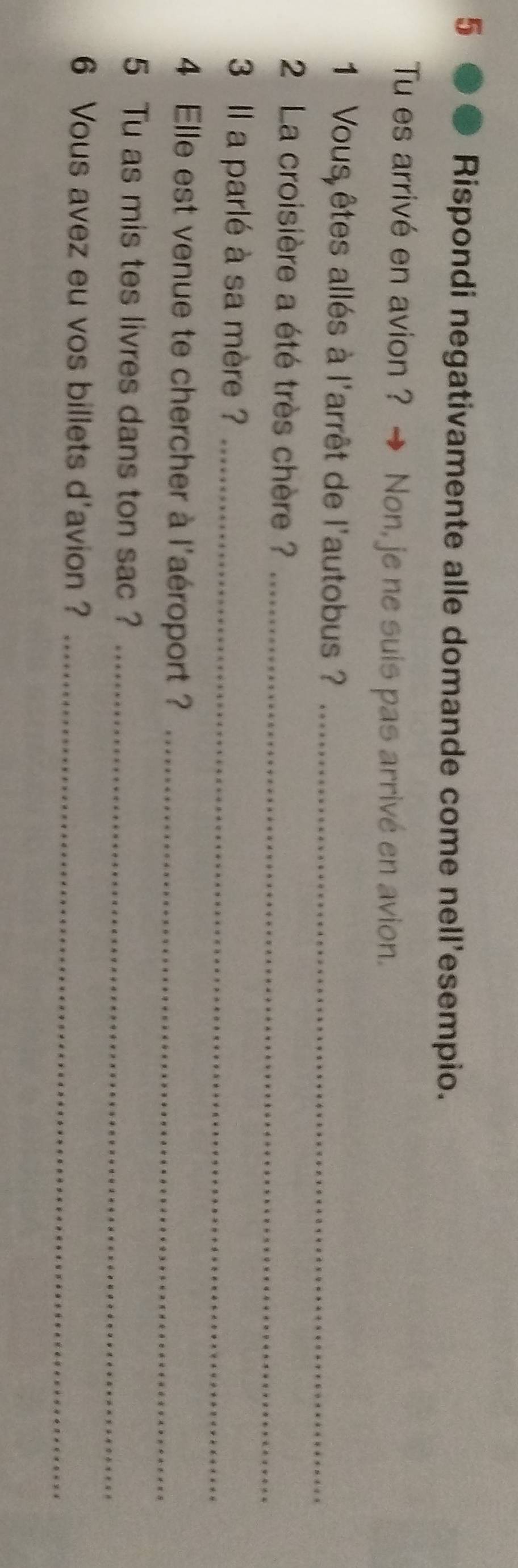 Rispondi negativamente alle domande come nell'esempio. 
Tu es arrivé en avion ? Non, je ne suis pas arrivé en avion. 
1 Vous êtes allés à l'arrêt de l'autobus ?_ 
2 La croisière a été très chère ?_ 
3 Il a parlé à sa mère ?_ 
4 Elle est venue te chercher à l'aéroport ?_ 
5 Tu as mis tes livres dans ton sac ?_ 
6 Vous avez eu vos billets d'avion ?_