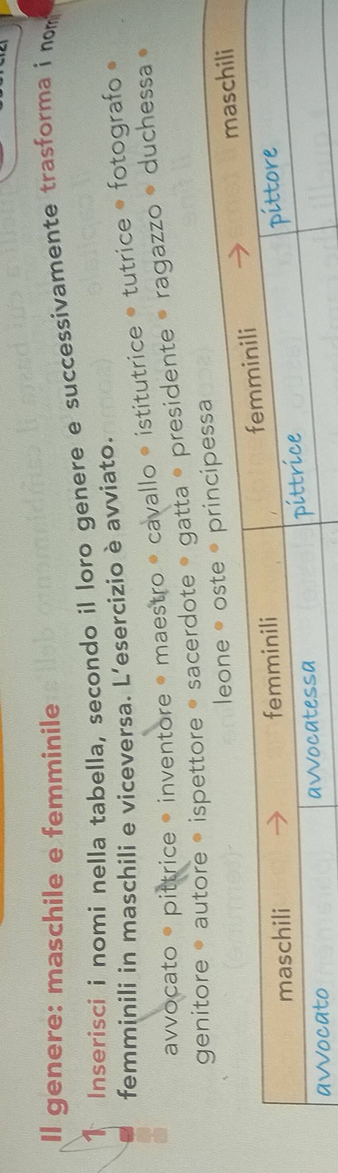 Il genere: maschile e femminile 
1 Inserisci i nomi nella tabella, secondo il loro genere e successivamente trasforma i nom 
femminili in maschili e viceversa. L’esercizio è avviato. 
avvocato - pittrice - inventore - maestro - cavallo - istitutrice - tutrice - fotografo • 
acerdote • gatta • presidente • ragazzo • duchessa •