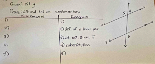 Giver: Xlly 5 
Prove: L3 and LH ore supplementary 
STmEMENTTS PEASONS 
D 
D 
2 2) def, of a linear pair 
3)
Barf. ext. L are = 
4. 4) substitution 
5)