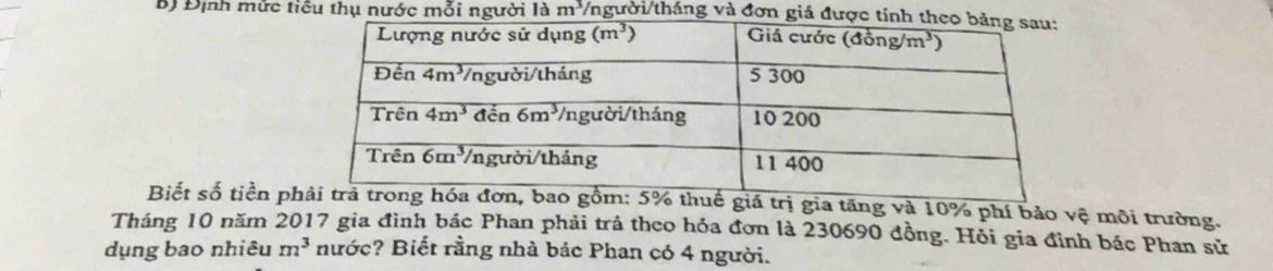 Định mức tiểu thụ nước mỗi người là m^3 /người/tháng và đơn giá đượ
Biết số tiền piá trị gia tăng và 10% phí bảo vệ môi trường.
Tháng 10 năm 2017 gia đình bác Phan phải trả theo hóa đơn là 230690 đồng. Hỏi gia đỉnh bác Phan sử
dụng bao nhiêu m^3 nước? Biết rằng nhà bác Phan có 4 người.