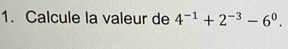 Calcule la valeur de 4^(-1)+2^(-3)-6^0.