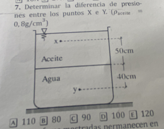 Determinar la diferencia de presio-
nes entre los puntos X e Y. (Paceite =
0,8g/cm^3)
A 110 B 80 C 90 D 100 120
trad p erm n ec en en