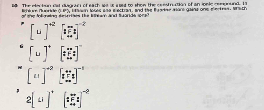 The electron dot diagram of each ion is used to show the construction of an ionic compound. In
lithium fluoride (LiF), lithium loses one electron, and the fluorine atom gains one electron. Which
of the following describes the lithium and fluoride ions?
F [Li]^+2begin(bmatrix)^(s_Fcirc)^· ]^-2
G [Li]^+[sF:s]^-
H [Li]^+2[(·)^(·)dot F^((-1):)[[(^·)^(·)· · ]^-1
J 2[Li]^+[sF_2^(-]^-2)